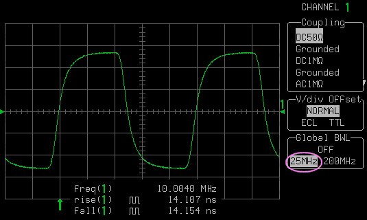 10 Мгц прямоугольный сигнал, измеренный при ограничении в 25 МГц