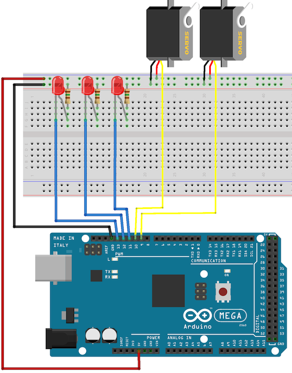 Две сервы и три светодиода на Arduino