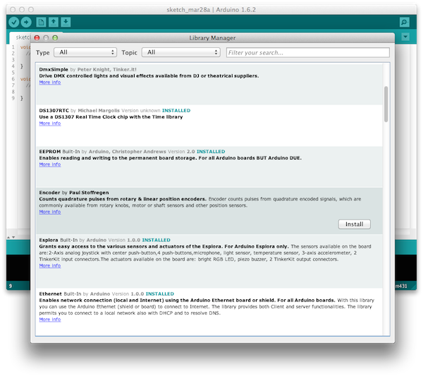 Менеджер библиотек Arduino IDE